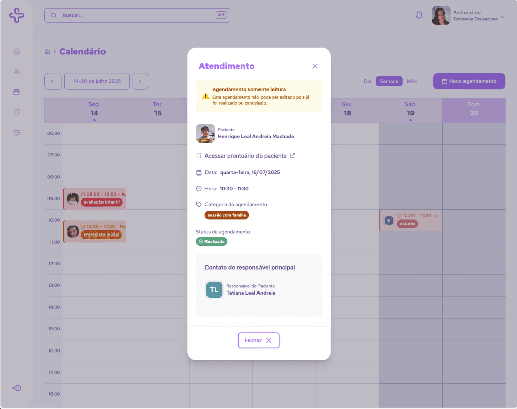 Nova visualização de agendamento na plataforma da Mais Terapias