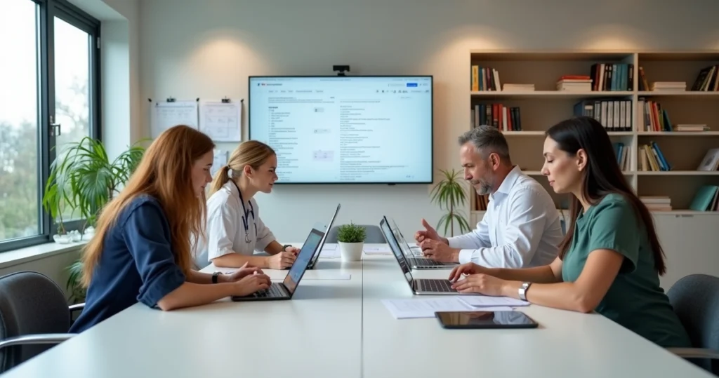 Equipe multidisciplinar reunida em escritório moderno colaborando com tablets e laptops
