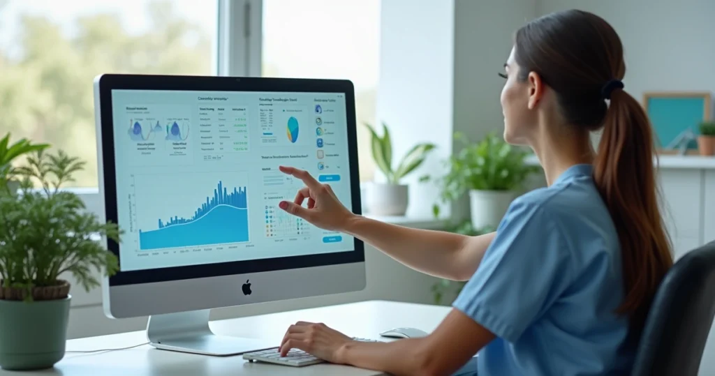 Terapeuta usando computador com interface digital de inteligência artificial na reabilitação, ambiente de consultório claro e organizado, tela mostrando prontuário eletrônico e gráficos clínicos, cade