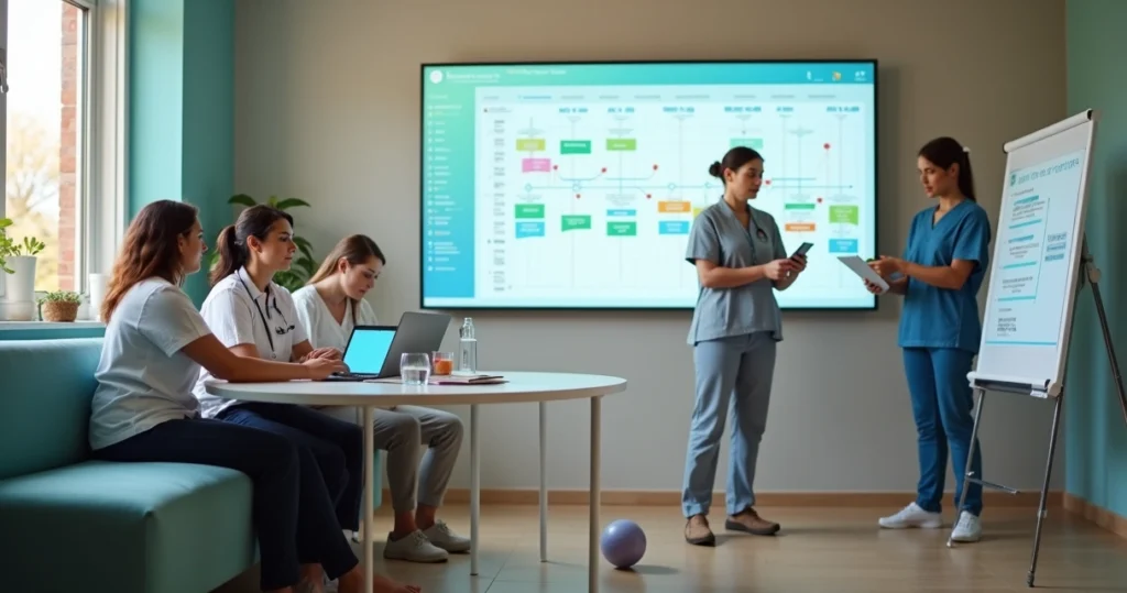 Equipes de terapeutas conectadas por informações centralizadas em painel digital