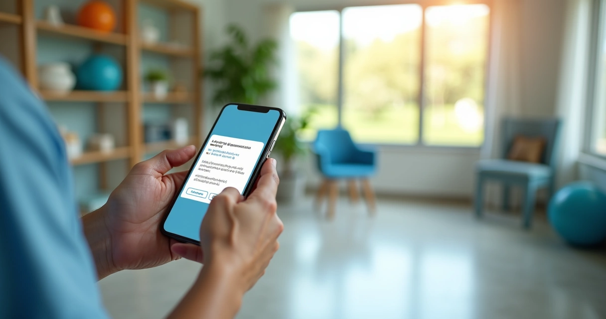Paciente segurando smartphone com lembrete de consulta de terapia na tela
